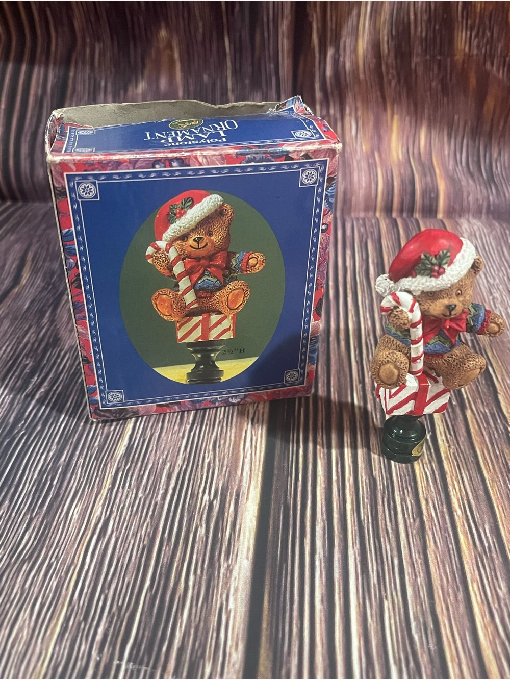Polystone Lamp Topper Christmas Ornament Teddy Bear & Candy Cane W/ Present Vtg